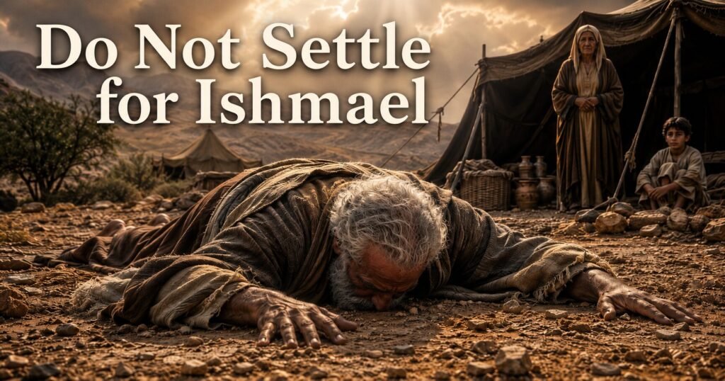 Abraham lies face down before God in a desert camp while Sarah and Ishmael stand nearby beneath rays of heavenly light.