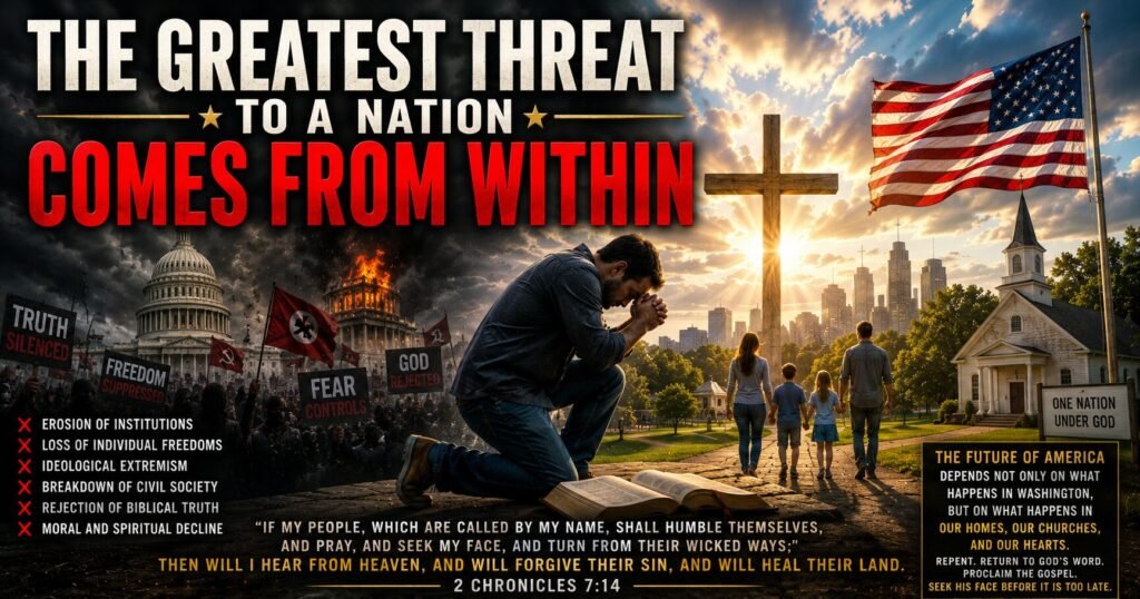 A man kneels in prayer over an open Bible beneath a cross and American flag, contrasting national unrest and moral decline with faith, family, church, and spiritual renewal.