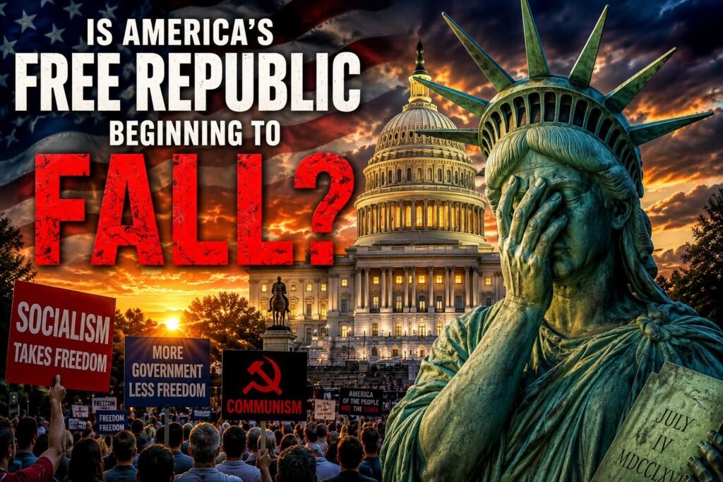 The Statue of Liberty covers her face before the U.S. Capitol as protesters hold signs warning against socialism, communism, expanding government, and the loss of freedom.