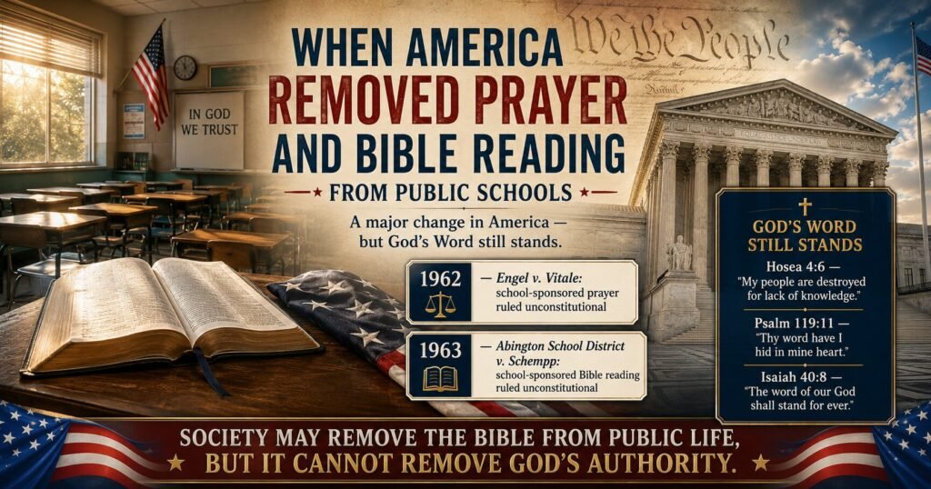 Open Bible and American flag in a public-school classroom beside the U.S. Supreme Court, illustrating the removal of organized prayer and Bible reading from public schools.