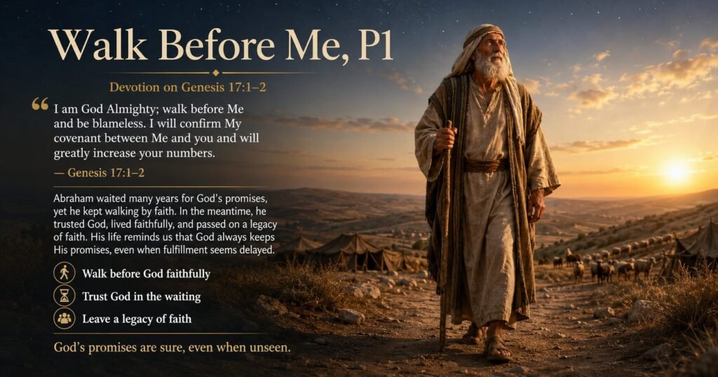 An elderly biblical man holding a staff looks toward golden light over the desert beside a tent and flock, with the words “Walk Before Me P1.”
