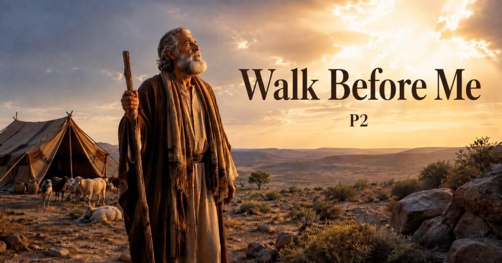 An elderly biblical man holding a staff looks toward golden light over the desert beside a tent and flock, with the words “Walk Before Me P2.”