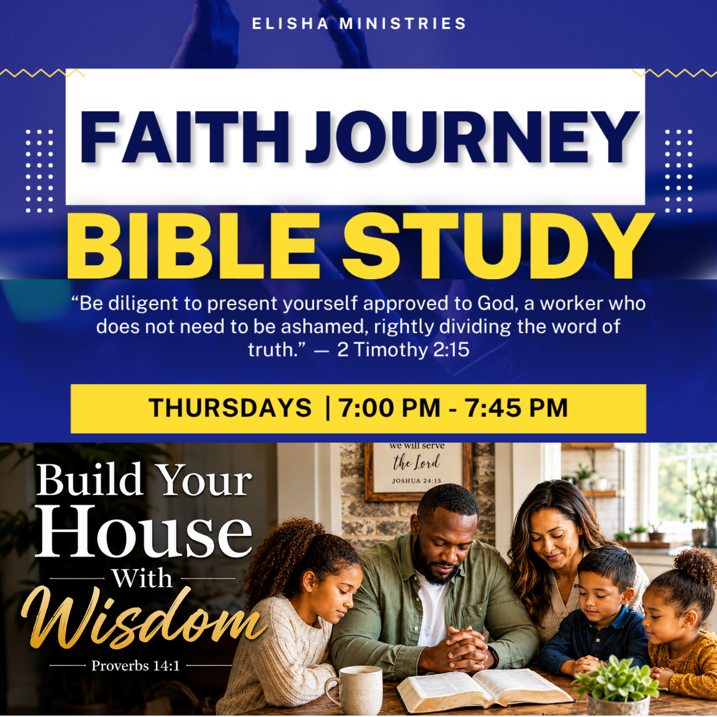 Multiracial Christian family gathered around an open Bible in their home, praying and studying together, with the title “Build Your House With Wisdom Proverbs 14:1.”